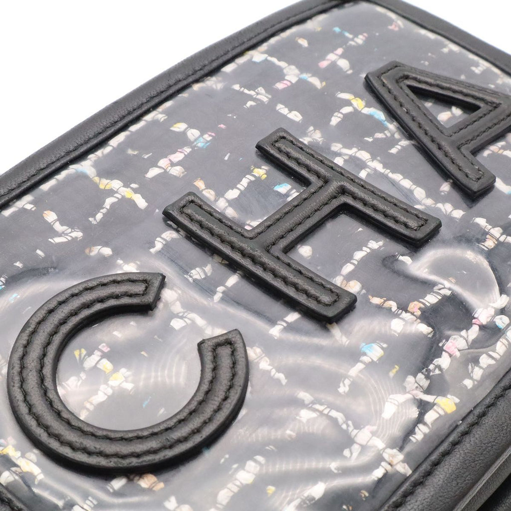 Chanel Logo Tweed Chain Shoulder Pouch Pochette Vinyl Leather Clear Black Gold — view 6
