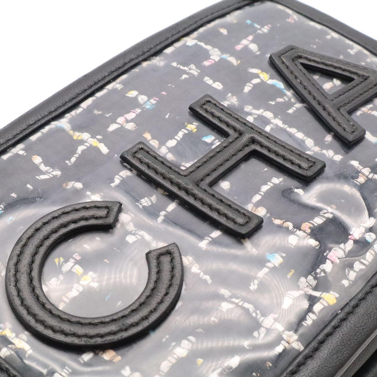 Chanel Logo Tweed Chain Shoulder Pouch Pochette Vinyl Leather Clear Black Gold — view 6
