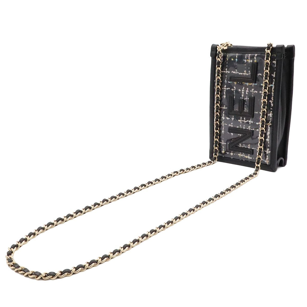 Chanel Logo Tweed Chain Shoulder Pouch Pochette Vinyl Leather Clear Black Gold — view 2