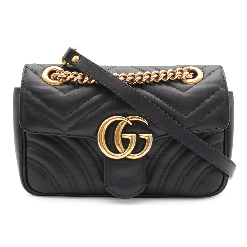 Gucci GG Marmont Chain Shoulder Bag Pochette Heart Quilted Leather Black Gold
