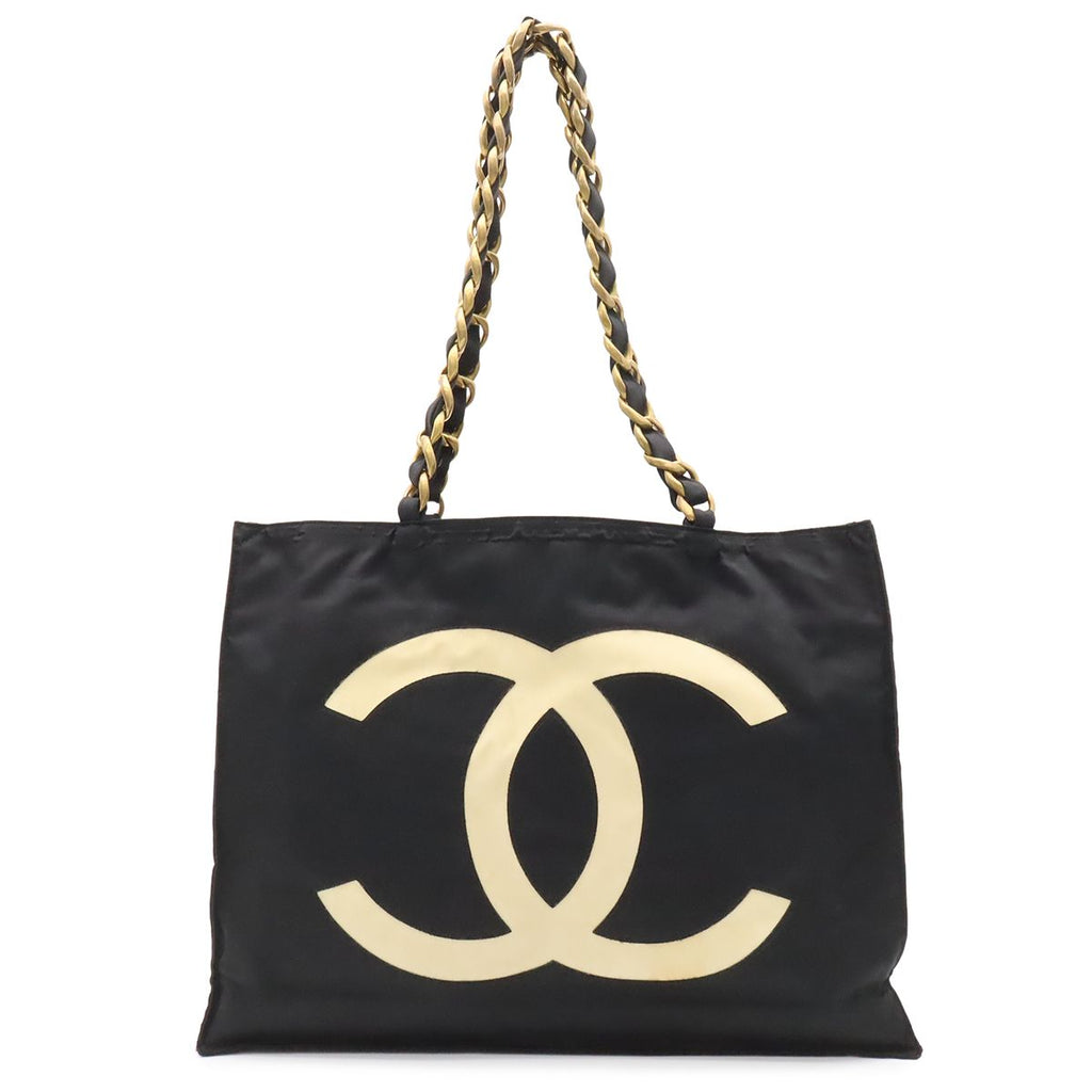 Chanel CC Logo Chain Tote Large Shoulder Bag Nylon Canvas Black White Gold