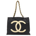 Chanel CC Logo Chain Tote Large Shoulder Bag Nylon Canvas Black White Gold