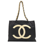 Chanel CC Logo Chain Tote Large Shoulder Bag Nylon Canvas Black White Gold