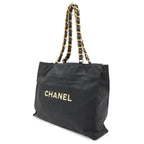 Chanel CC Logo Chain Tote Large Shoulder Bag Nylon Canvas Black White Gold — view 2