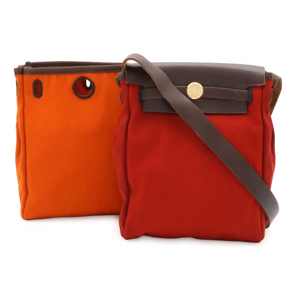 Hermes Herbag TPM Shoulder Bag Pochette Canvas Leather Orange Red Dark Brown