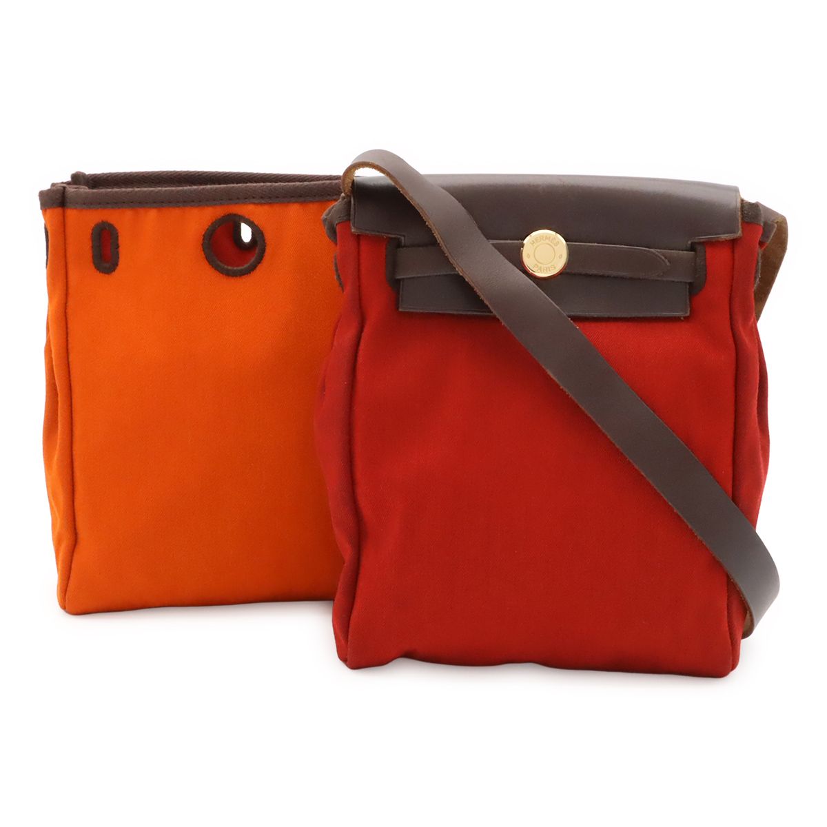 Hermes Herbag TPM Shoulder Bag Pochette Canvas Leather Orange Red Dark Brown