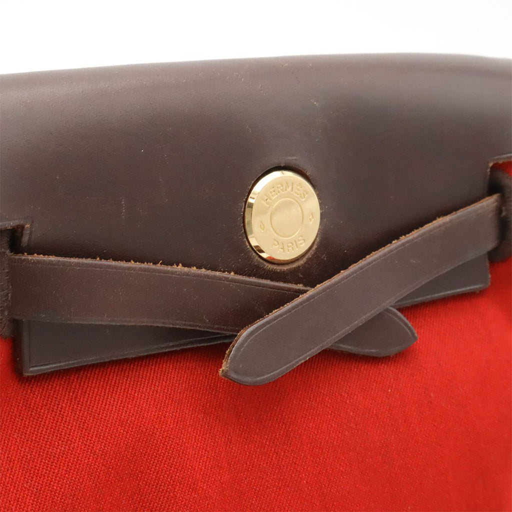Hermes Herbag TPM Shoulder Bag Pochette Canvas Leather Orange Red Dark Brown — view 7
