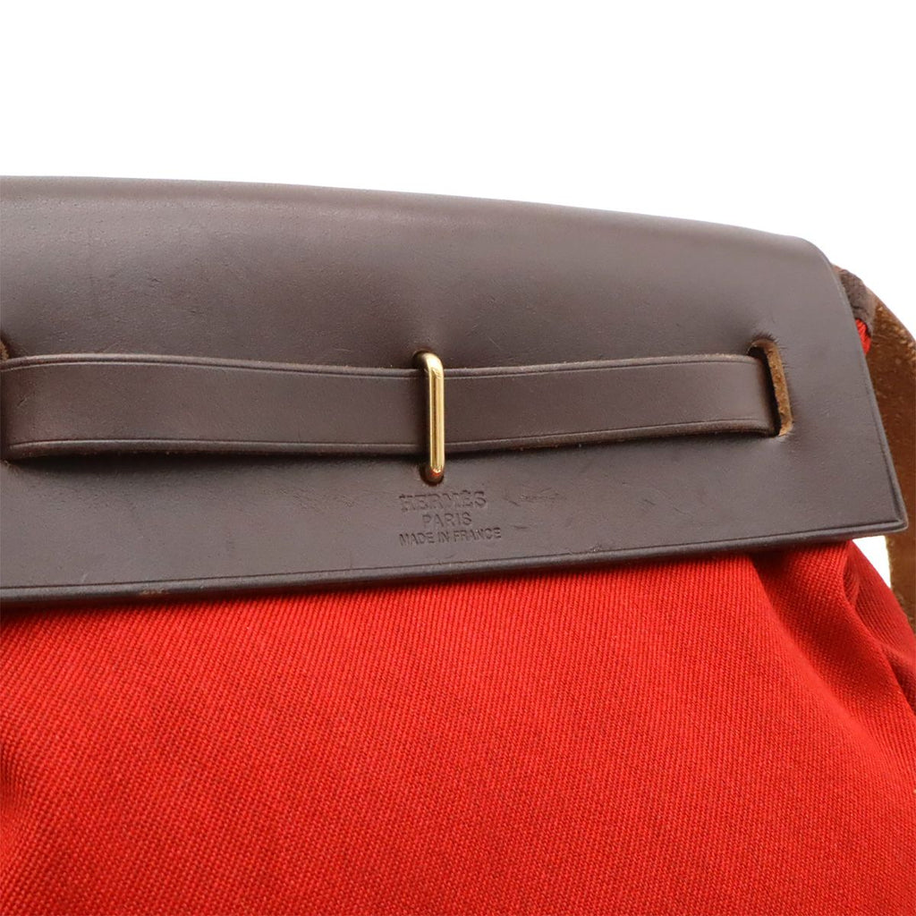 Hermes Herbag TPM Shoulder Bag Pochette Canvas Leather Orange Red Dark Brown — view 6