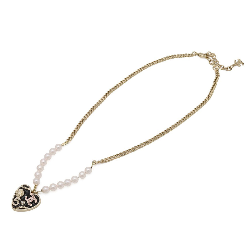 Chanel Heart Number 5 CC Logo Camellia Flower Chain Pendant Faux Pearl — view 2