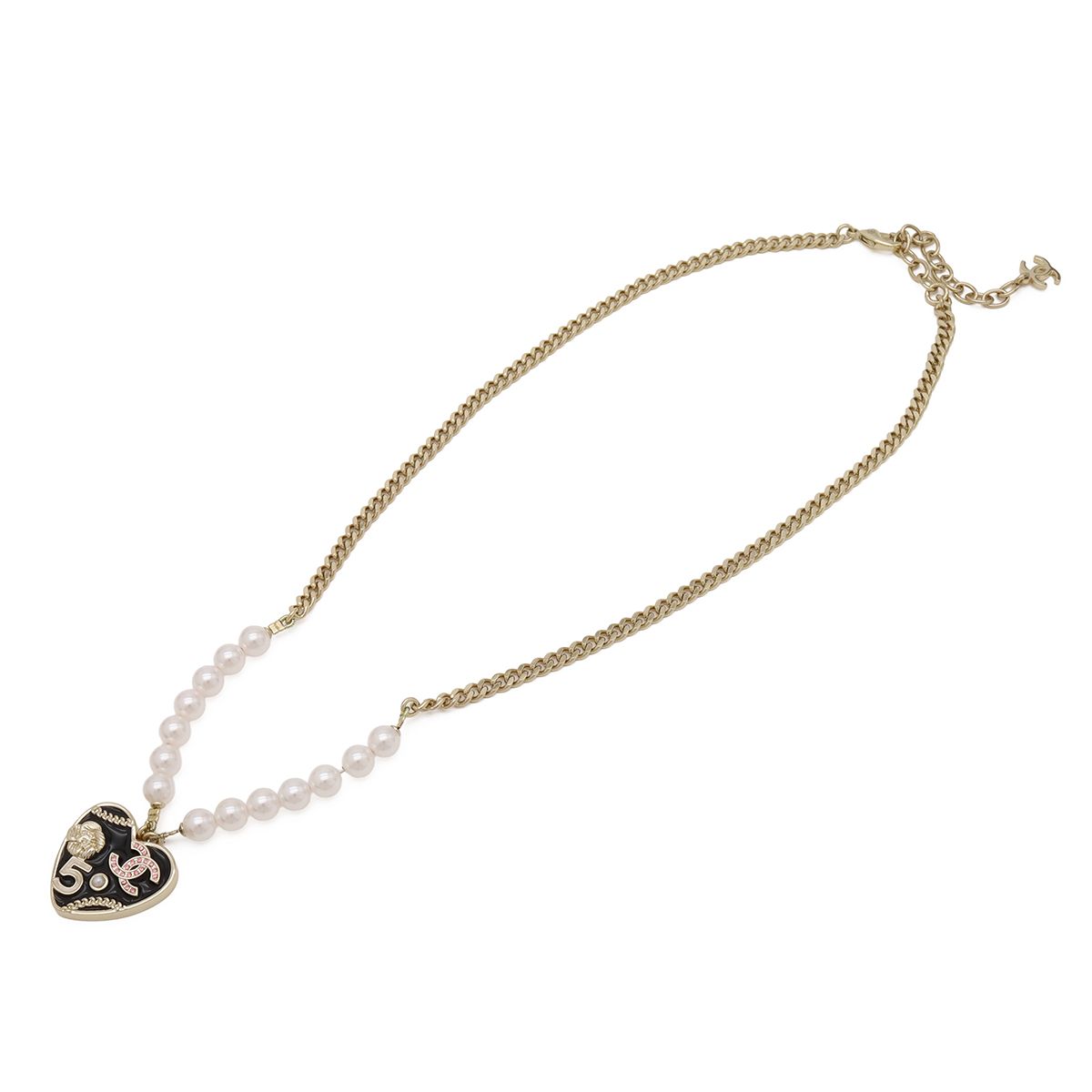 Chanel Heart Number 5 CC Logo Camellia Flower Chain Pendant Faux Pearl — view 2