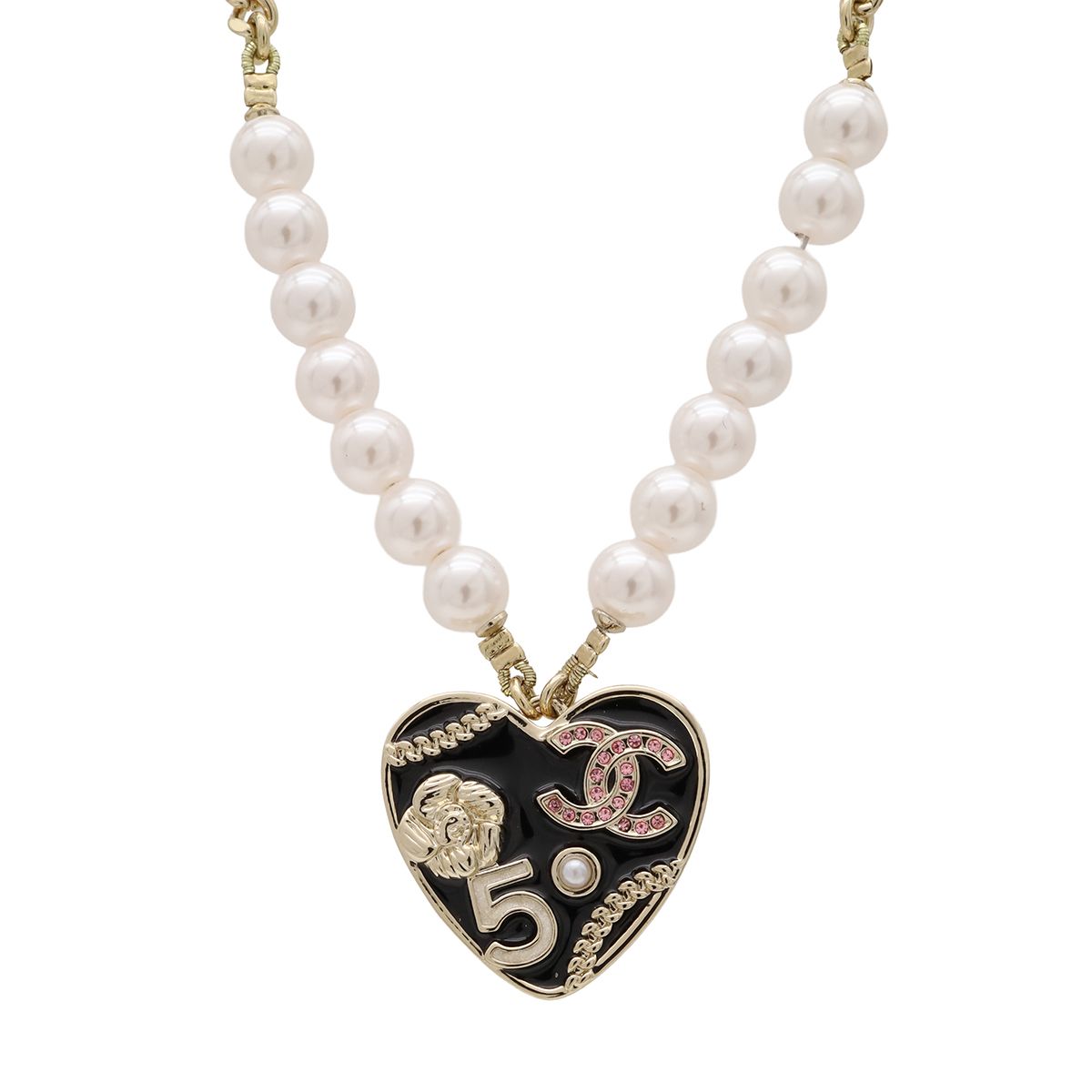 Chanel Heart Number 5 CC Logo Camellia Flower Chain Pendant Faux Pearl