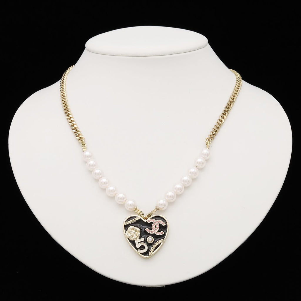 Chanel Heart Number 5 CC Logo Camellia Flower Chain Pendant Faux Pearl — view 7