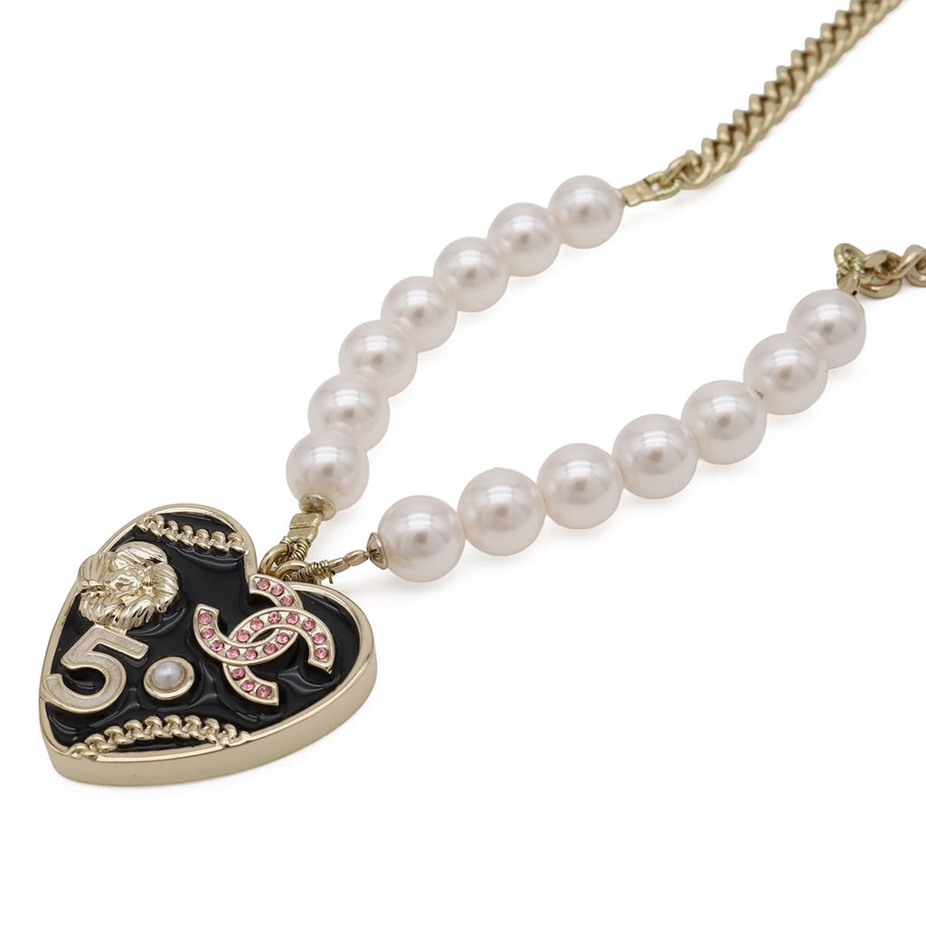 Chanel Heart Number 5 CC Logo Camellia Flower Chain Pendant Faux Pearl — view 3