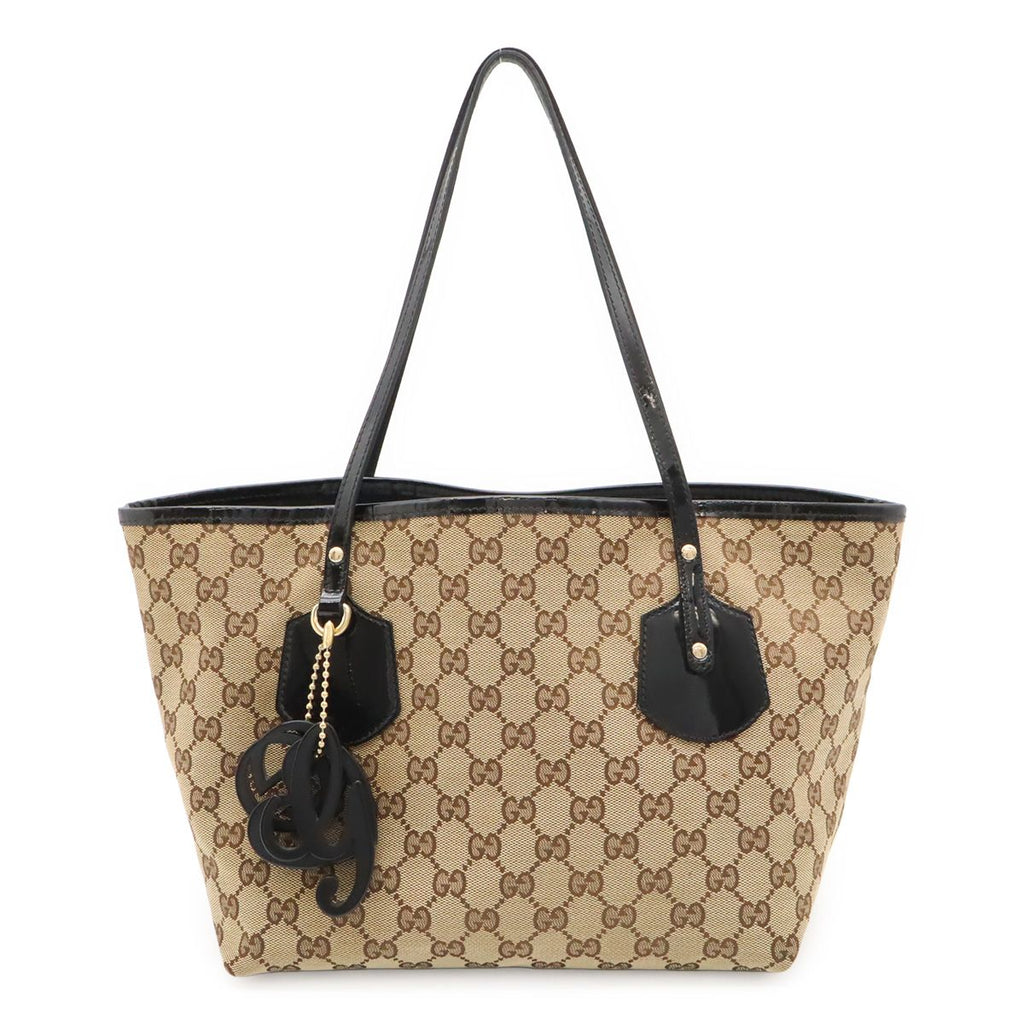 Gucci GG Canvas Logo Charm Tote Shoulder Bag Enamel Patent Khaki Beige Black