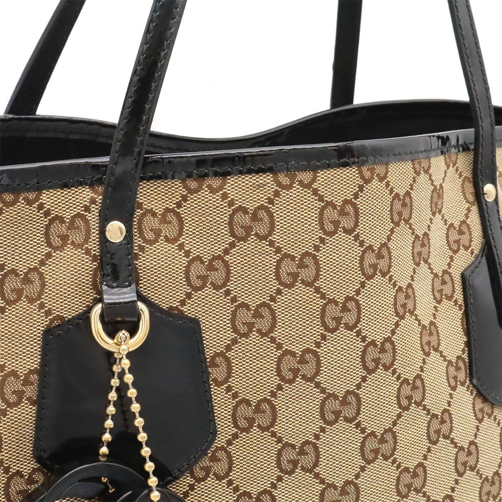 Gucci GG Canvas Logo Charm Tote Shoulder Bag Enamel Patent Khaki Beige Black — view 7