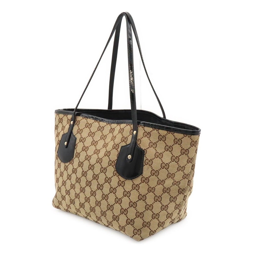 Gucci GG Canvas Logo Charm Tote Shoulder Bag Enamel Patent Khaki Beige Black — view 2