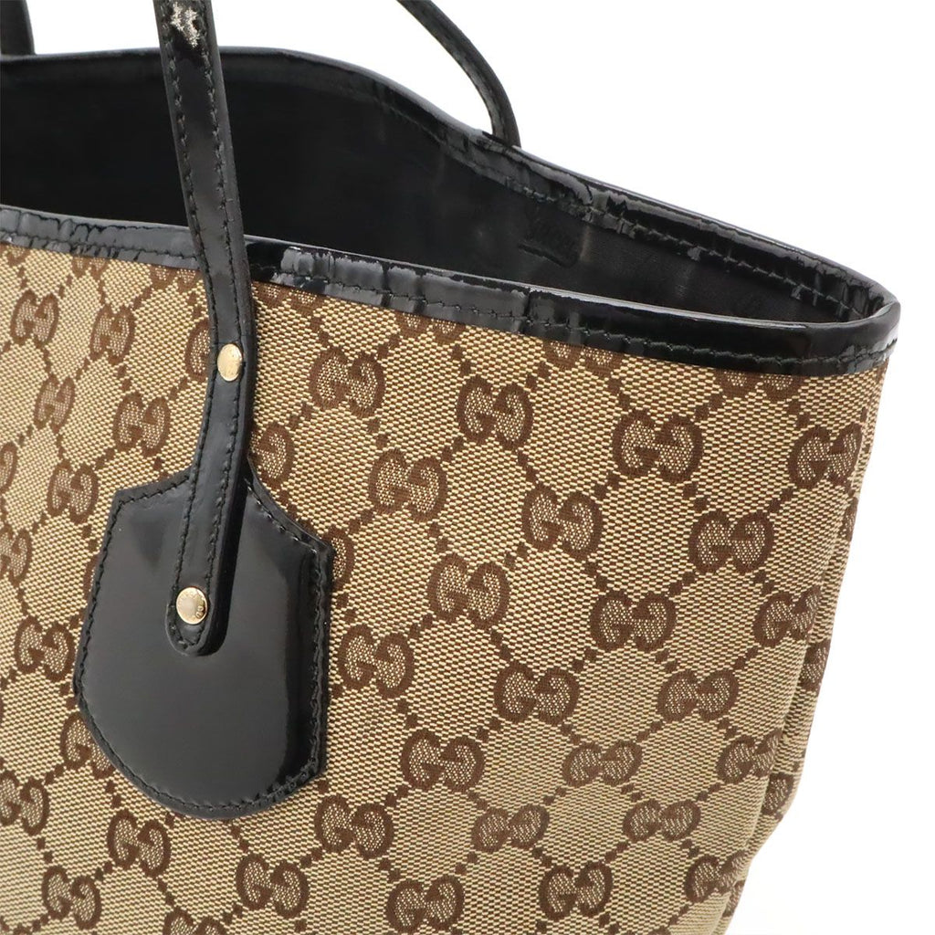 Gucci GG Canvas Logo Charm Tote Shoulder Bag Enamel Patent Khaki Beige Black — view 6