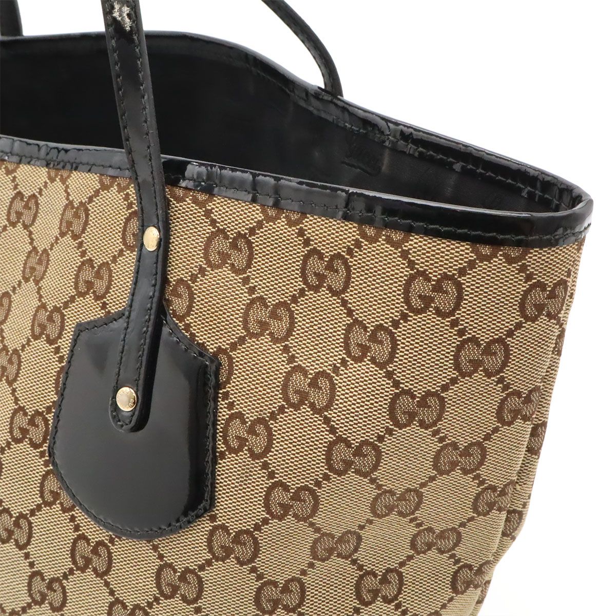 Gucci GG Canvas Logo Charm Tote Shoulder Bag Enamel Patent Khaki Beige Black — view 6