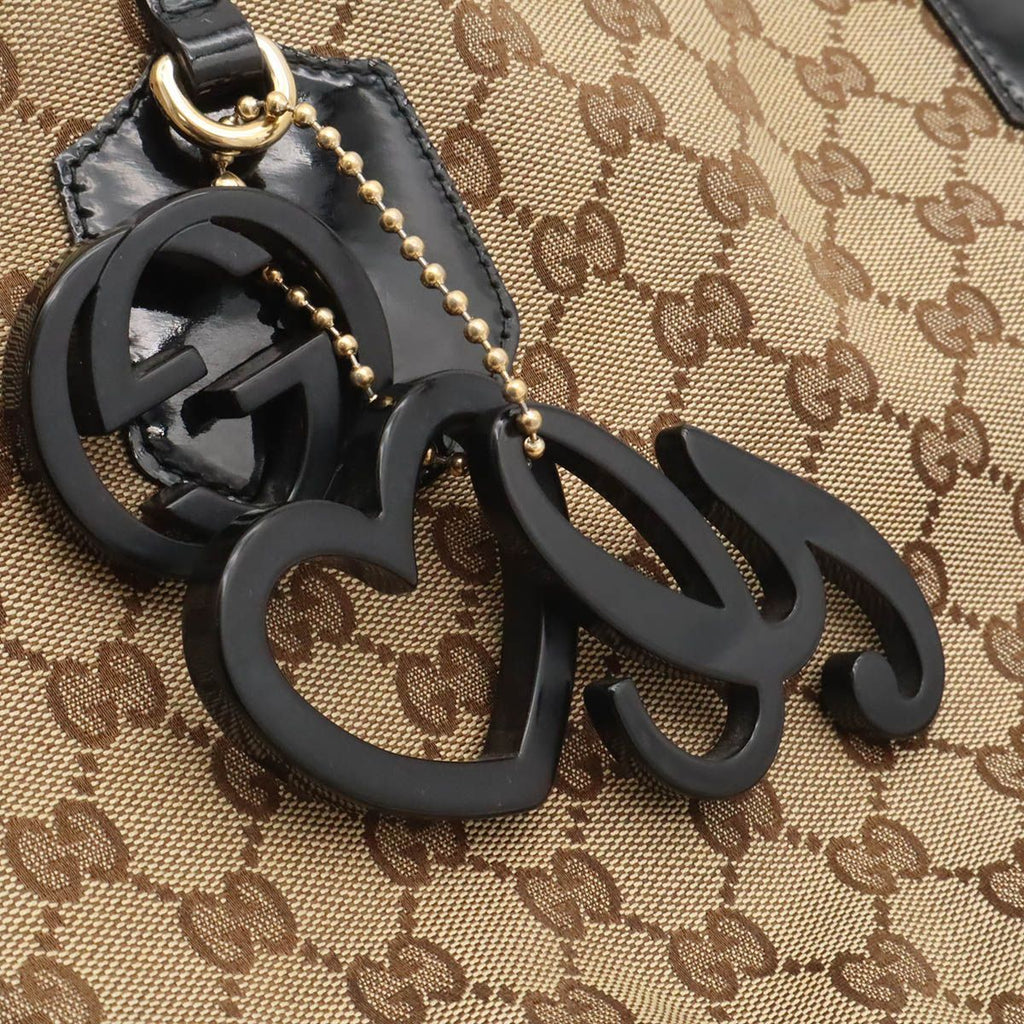 Gucci GG Canvas Logo Charm Tote Shoulder Bag Enamel Patent Khaki Beige Black — view 8