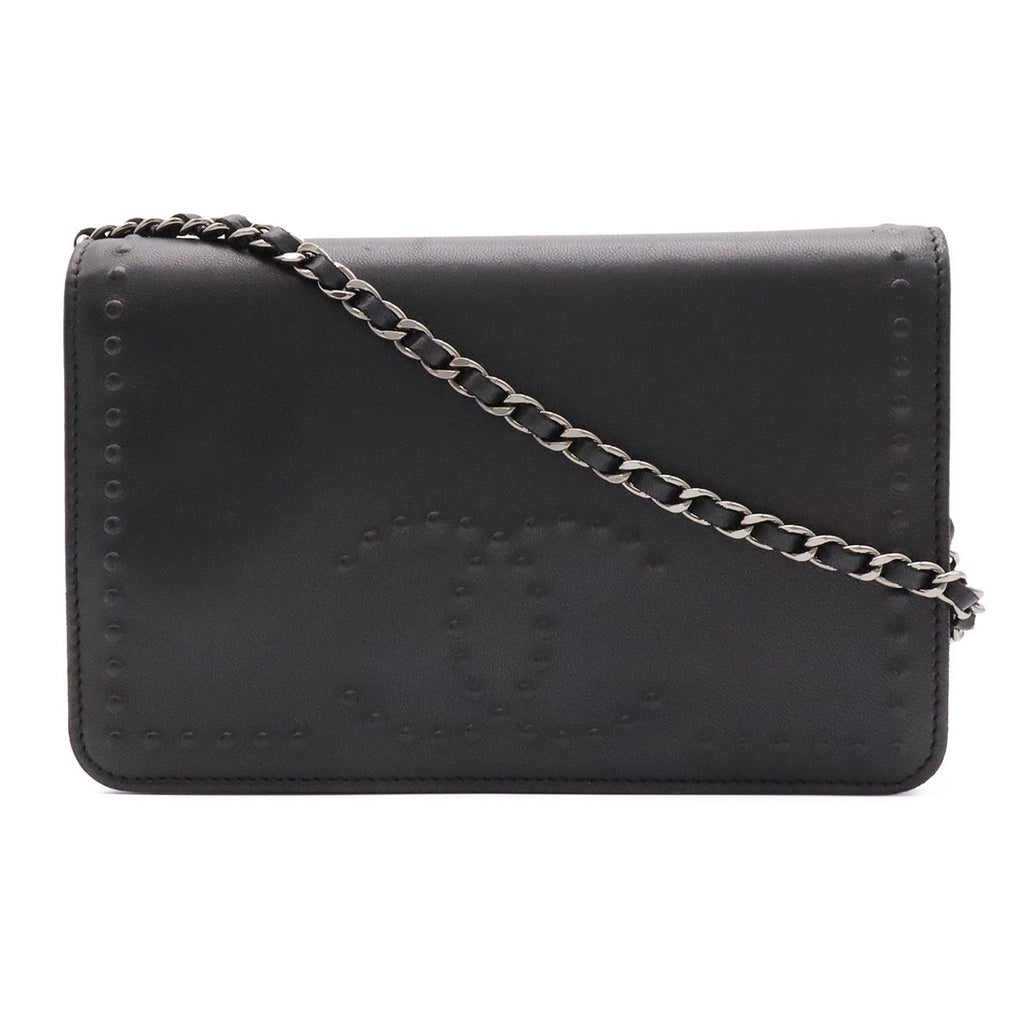Chanel CC Logo Chain Wallet Shoulder Bag Pochette Crossbody Leather Black Silver