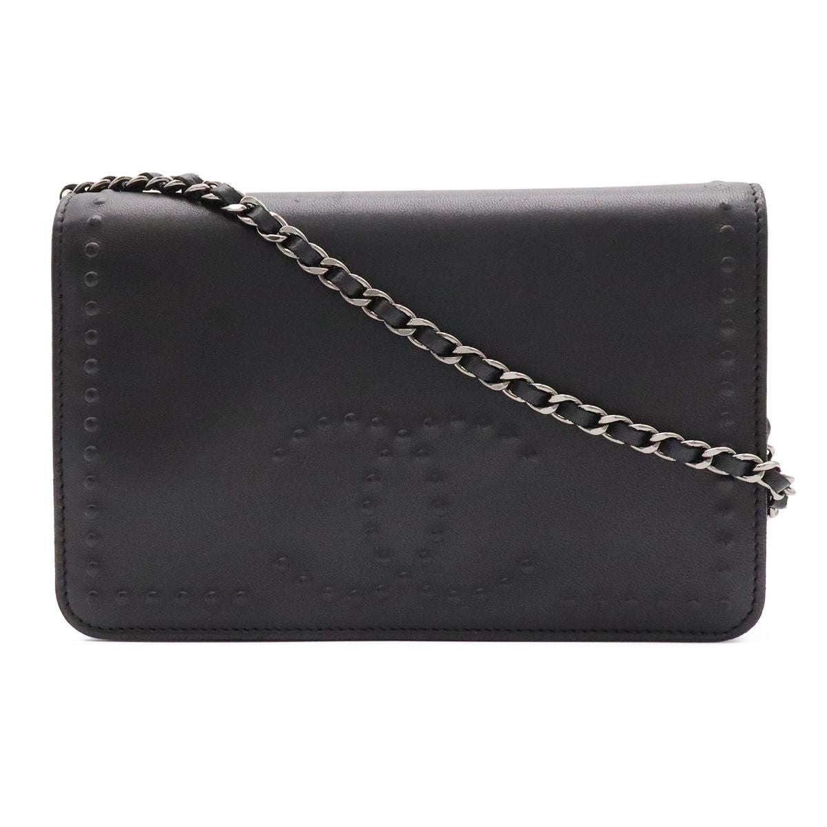 Chanel CC Logo Chain Wallet Shoulder Bag Pochette Crossbody Leather Black Silver