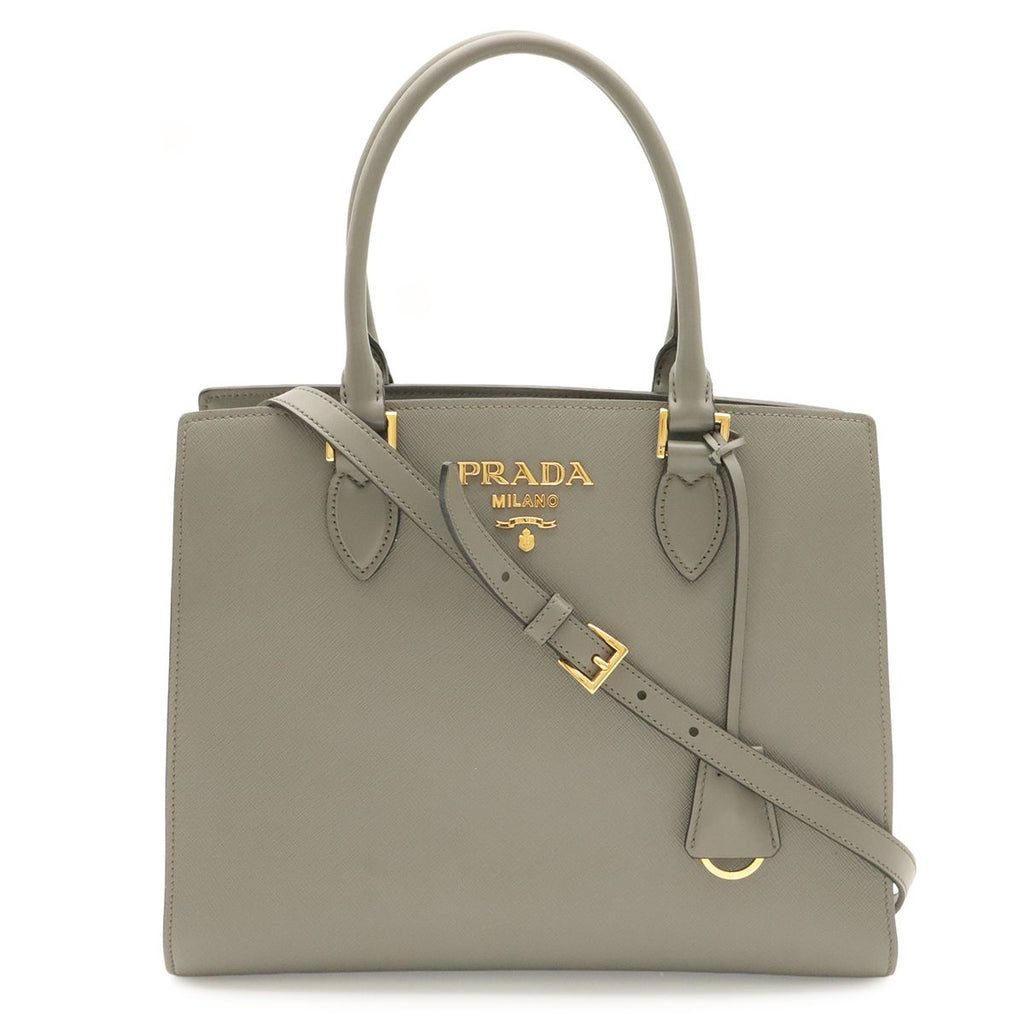 Prada Saffiano Tote 2-Way Shoulder Bag Crossbody Leather Gray Gold