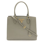 Prada Saffiano Tote 2-Way Shoulder Bag Crossbody Leather Gray Gold