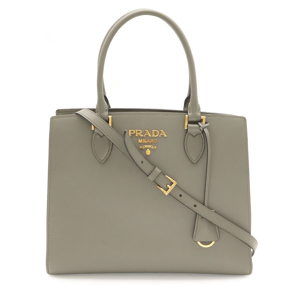 Prada Saffiano Tote 2-Way Shoulder Bag Crossbody Leather Gray Gold