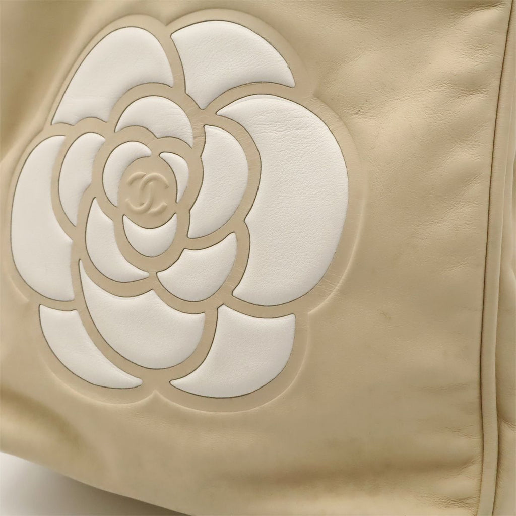 Chanel Camellia Logo Tote Shoulder Leather Beige White Gold — view 8