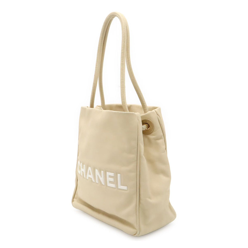 Chanel Camellia Logo Tote Shoulder Leather Beige White Gold — view 2