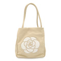 Chanel Camellia Logo Tote Shoulder Leather Beige White Gold