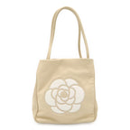 Chanel Camellia Logo Tote Shoulder Leather Beige White Gold
