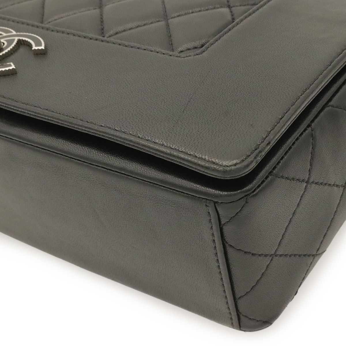 Chanel Mademoiselle Vintage Double Flap Chain Shoulder Bag Leather Black Silver — view 3