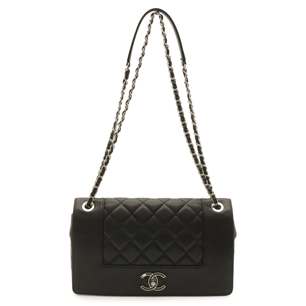 Chanel Mademoiselle Vintage Double Flap Chain Shoulder Bag Leather Black Silver