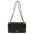 Chanel Mademoiselle Vintage Double Flap Chain Shoulder Bag Leather Black Silver