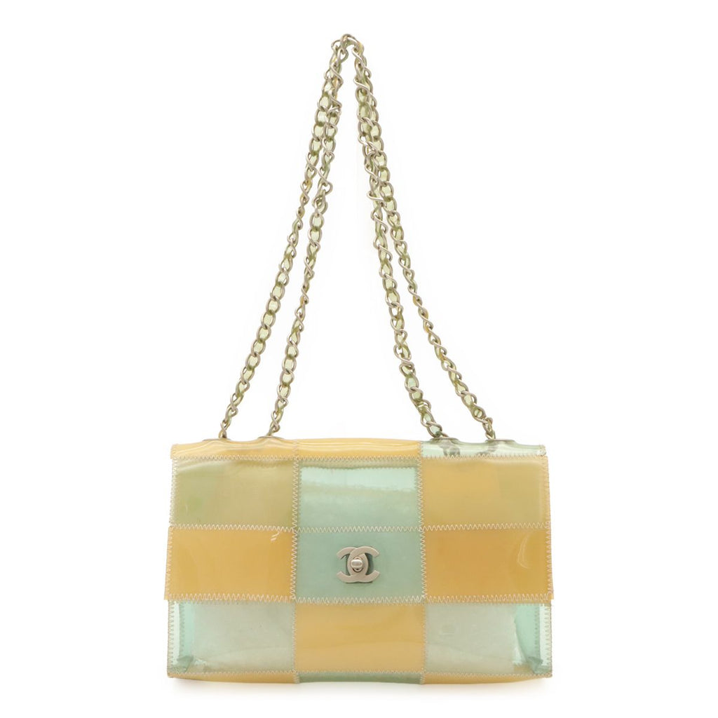 Chanel Chocolate Bar CC Logo Chain Shoulder Bag Vinyl Light Blue Beige Silver