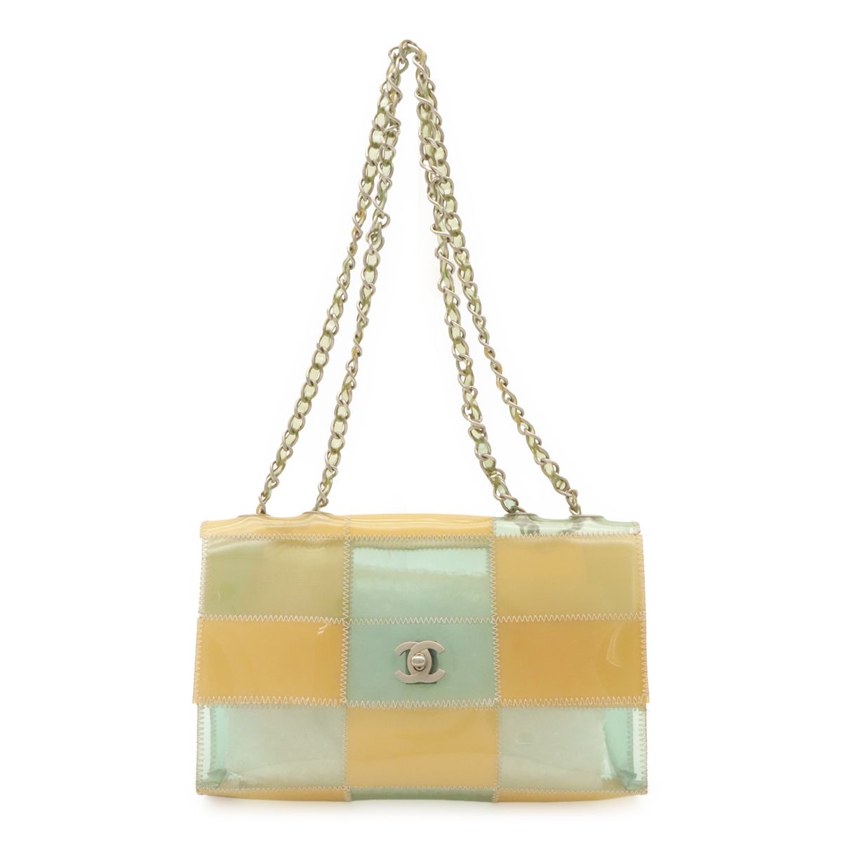 Chanel Chocolate Bar CC Logo Chain Shoulder Bag Vinyl Light Blue Beige Silver