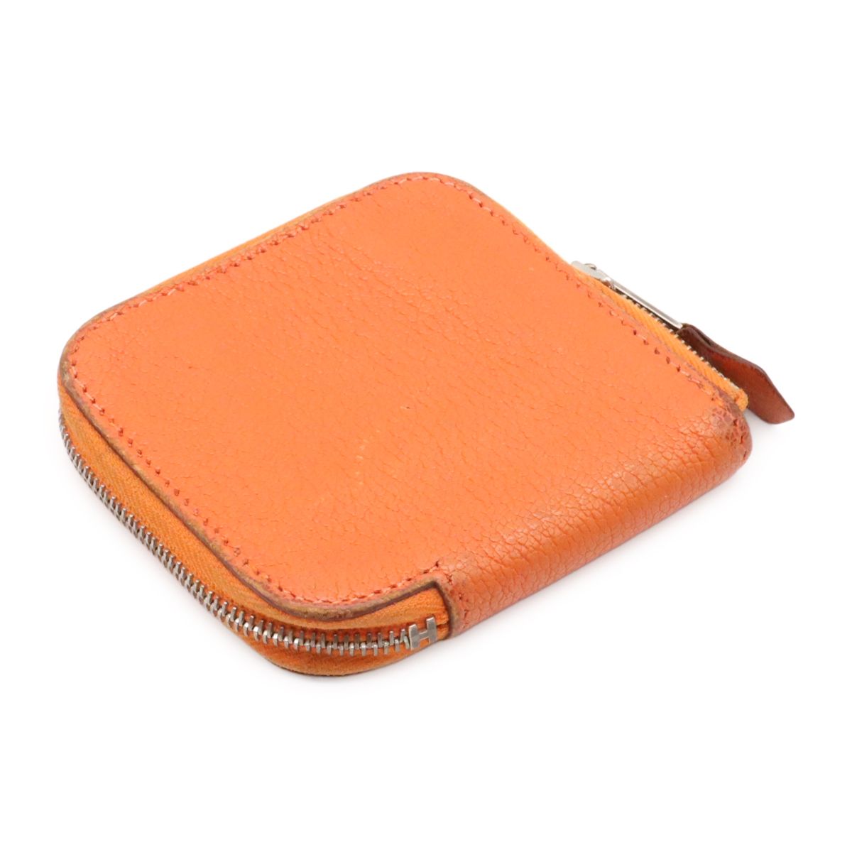 Hermes Azap Compact Mini Coin Purse Zip Around Chevre Mysore Leather Orange — view 2