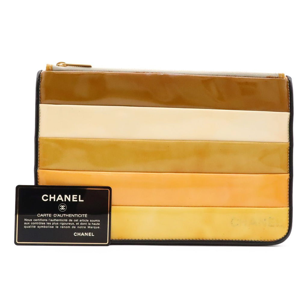 Chanel Logo Stripe Border Clutch Enamel Patent Leather Yellow Multicolor Black — view 9