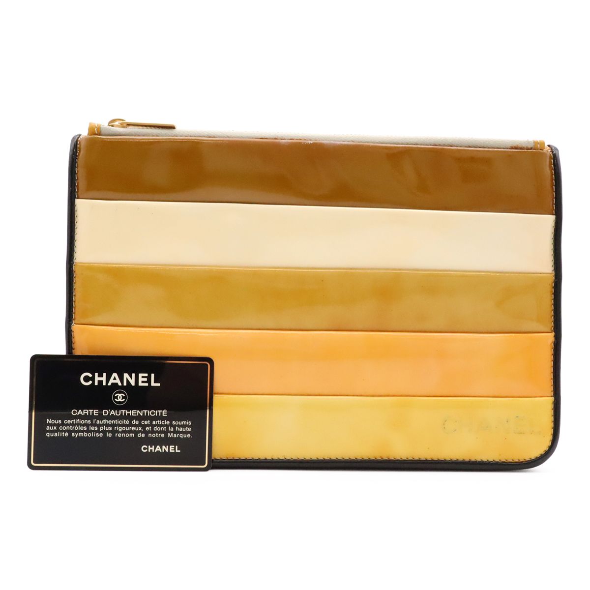 Chanel Logo Stripe Border Clutch Enamel Patent Leather Yellow Multicolor Black — view 9