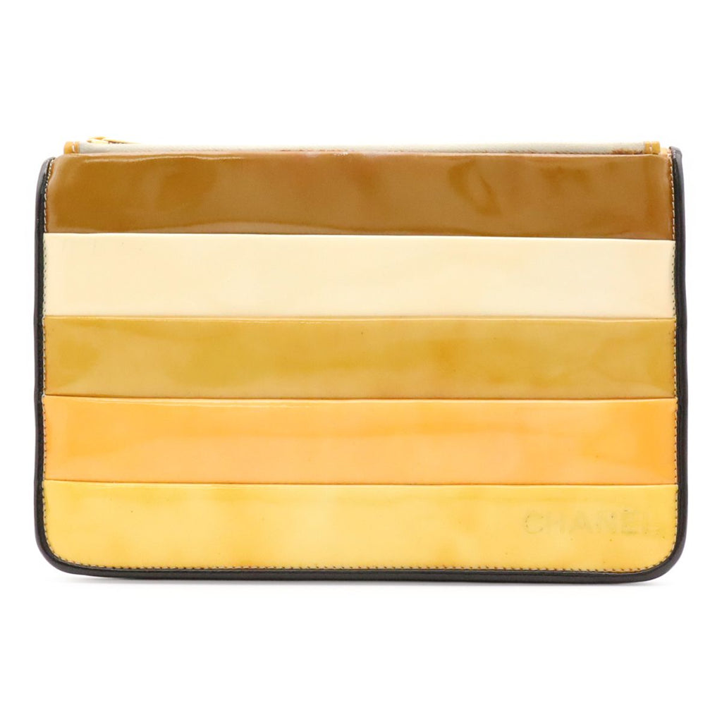 Chanel Logo Stripe Border Clutch Enamel Patent Leather Yellow Multicolor Black