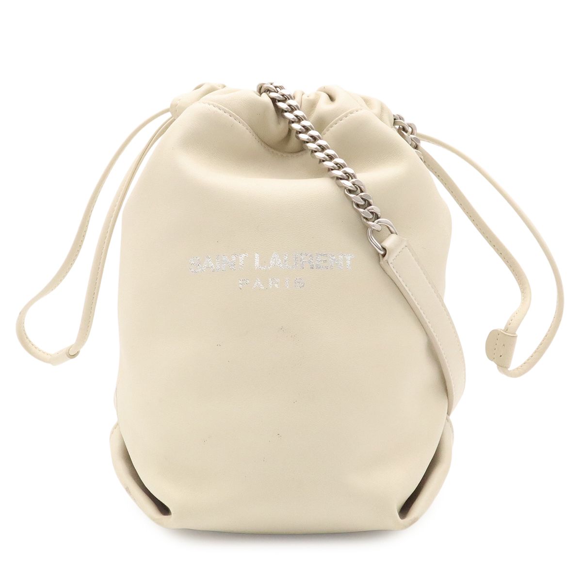 Saint Laurent Paris YSL Teddy Small Chain Shoulder Bag Drawstring Leather Ivory