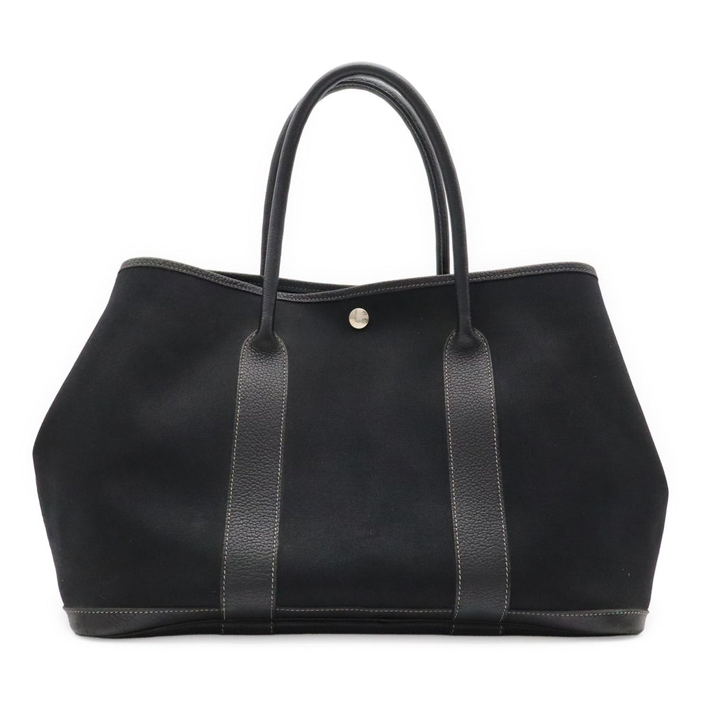Hermes Garden Party PM Tote Shoulder Bag Toile Officier Leather Black