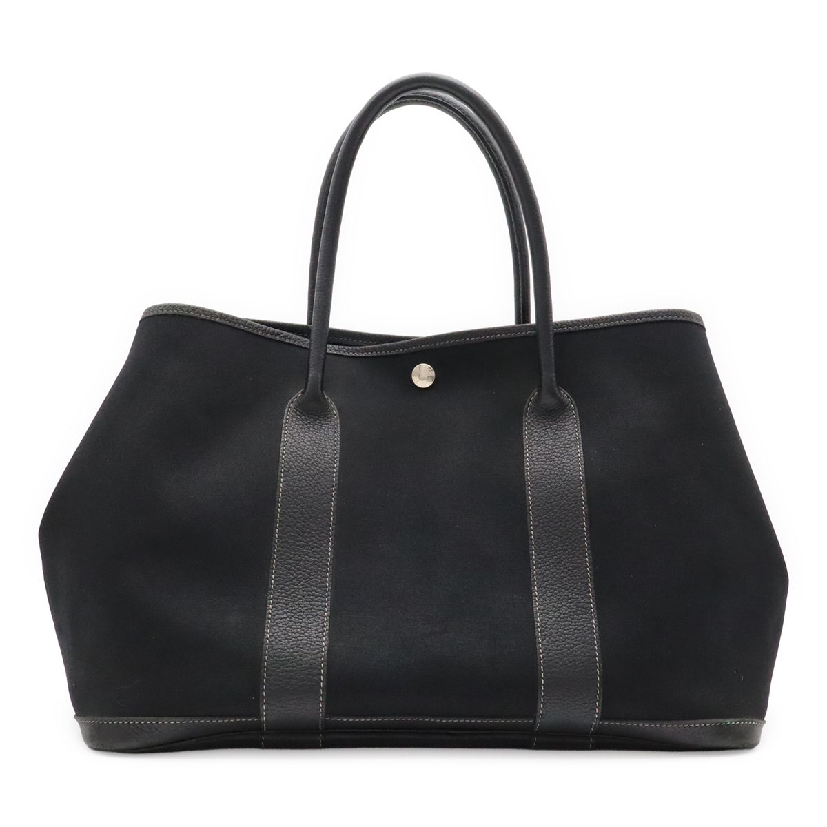 Hermes Garden Party PM Tote Shoulder Bag Toile Officier Leather Black