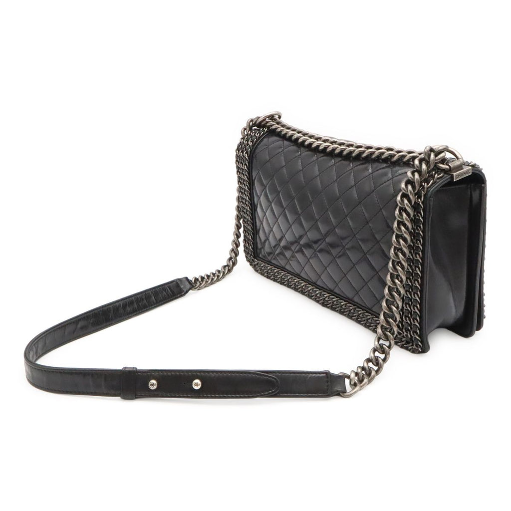 Chanel Boy Quilted CC Logo Chain Shoulder Bag Crossbody Leather Dark Navy Silver — view 2
