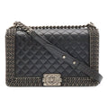 Chanel Boy Quilted CC Logo Chain Shoulder Bag Crossbody Leather Dark Navy Silver
