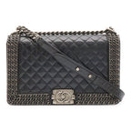 Chanel Boy Quilted CC Logo Chain Shoulder Bag Crossbody Leather Dark Navy Silver