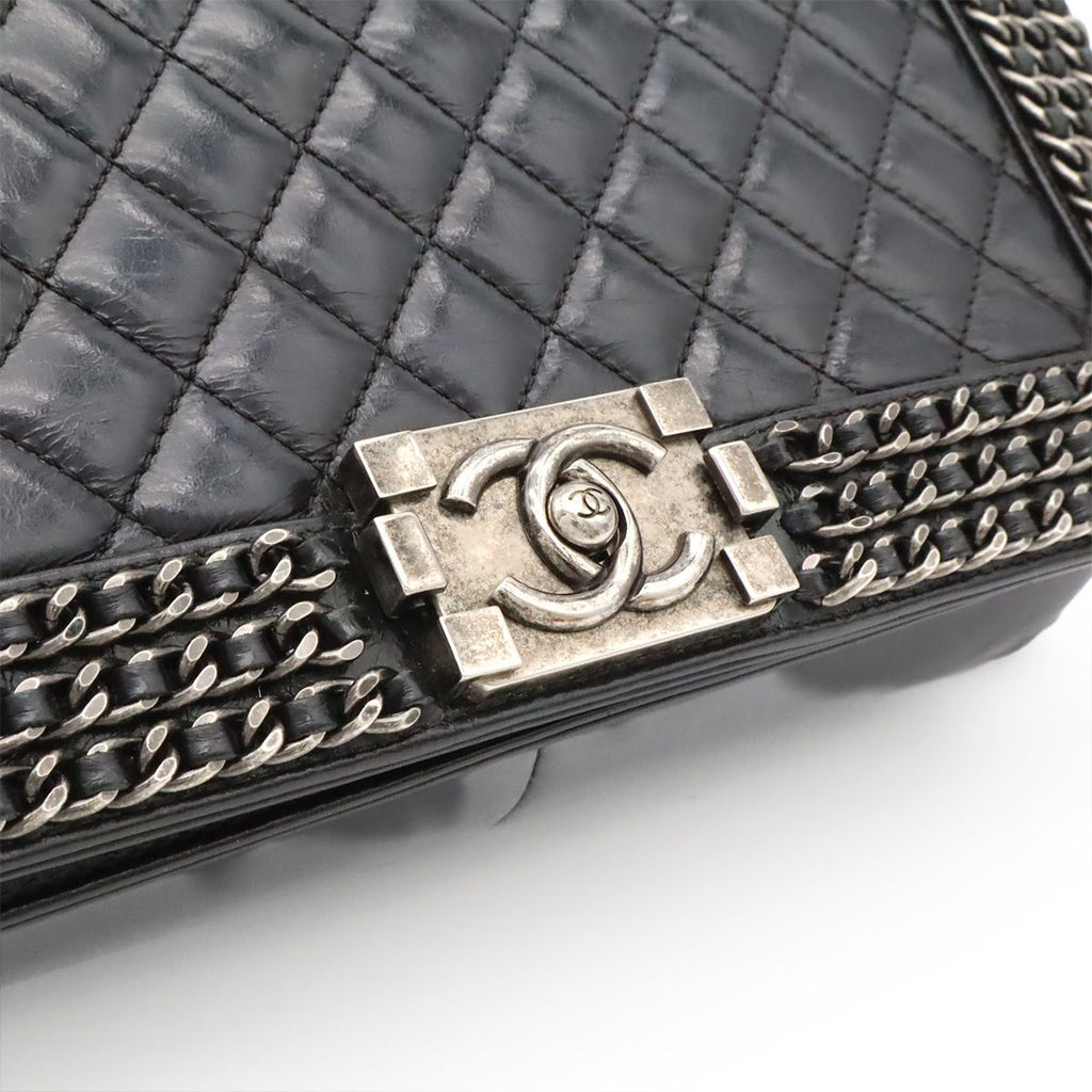 Chanel Boy Quilted CC Logo Chain Shoulder Bag Crossbody Leather Dark Navy Silver — view 9