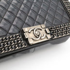 Chanel Boy Quilted CC Logo Chain Shoulder Bag Crossbody Leather Dark Navy Silver — view 9