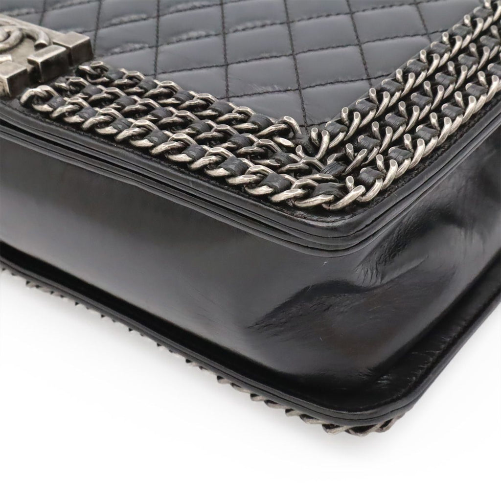 Chanel Boy Quilted CC Logo Chain Shoulder Bag Crossbody Leather Dark Navy Silver — view 3
